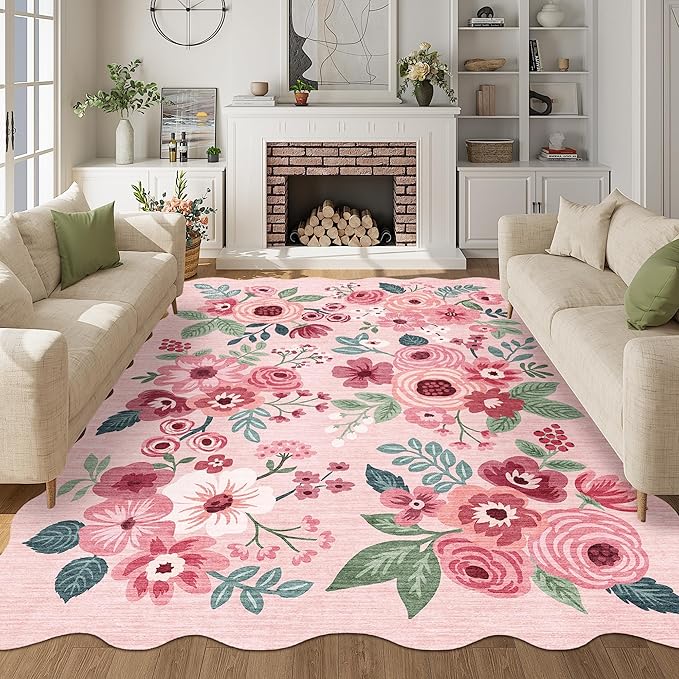 DUKINO 6x9 Area Rug, Floral Washable Rugs for Living Room with Non Slip Backing & Non-Shedding, Lightwight Low Pile Boho Design Large Carpets for Bedroom, Living Room, Dining Room, Pink