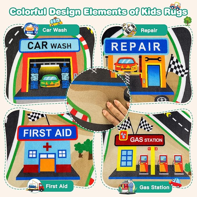 Kids Rug, Race Track Baby Play Mats, 5x7 FT Kids Rug for Playroom,Extra Thick (0.4in) Realistic 3D Cascading Surround Route, Great for Playing with Cars and Toys, Non-Slip Car Carpet