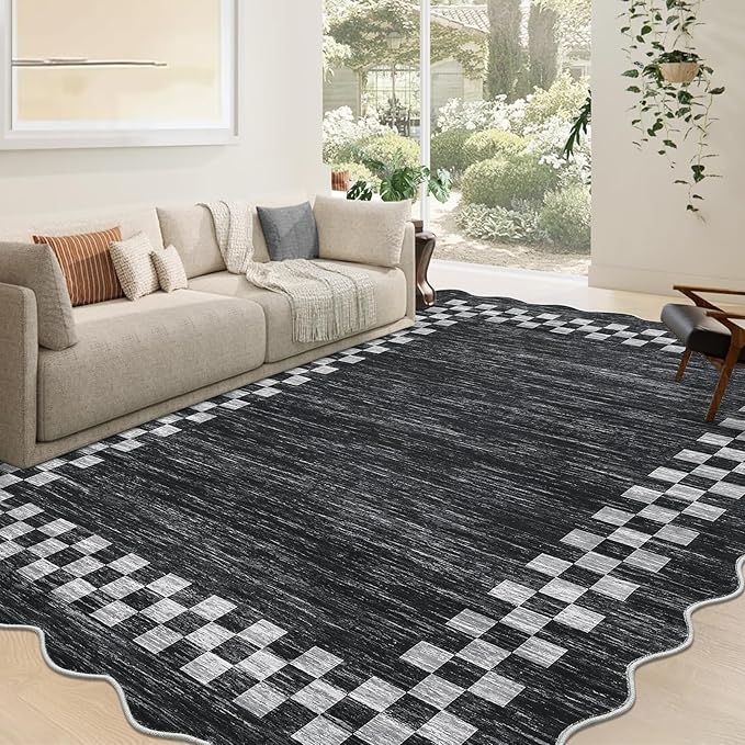 GarveeHome 8x10 Area Rug for Living Room Scalloped Washable Large Bedroom Rug Non Slip Stain Resistant Modern Border Dining Room Throw Carpet Scalloped Boho Rug for Home Decor Office Nursery, Grey