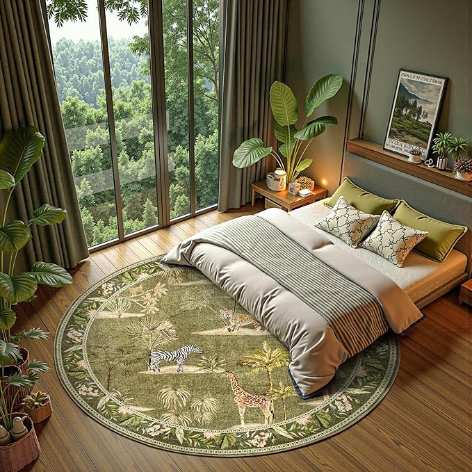 jinchan Round Rug 7ft Green Jungle Animals Print Living Room, Machine Washable 7' Circle Modern Soft Non-Slip Forest Plant Kids Room Throw Area Rug Low Pile Christmas Carpet for Dining Room Bedroom