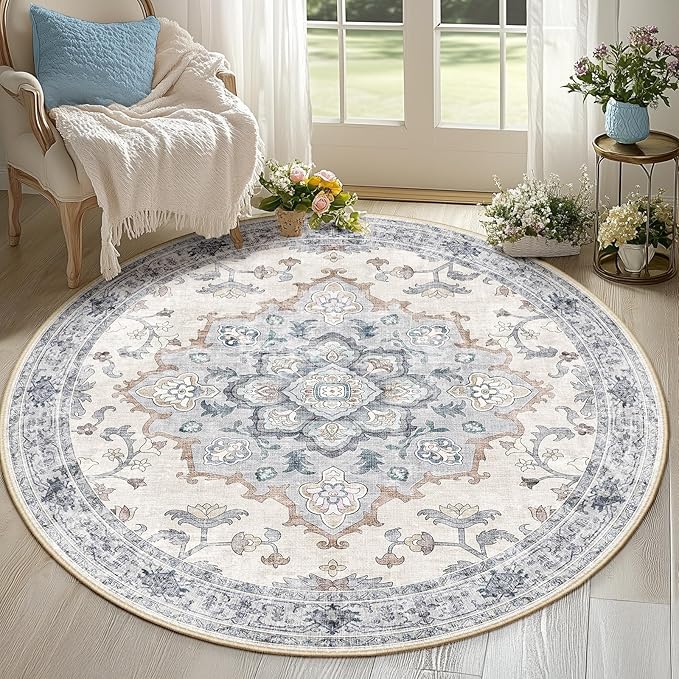 Machine Washable Rugs Nursery Rug 6ft Area Rugs for Living Room Non Slip Low Pile Water Repellent Soft Print Pattern for Bedroom Indoor Decor Rug Bluewhite