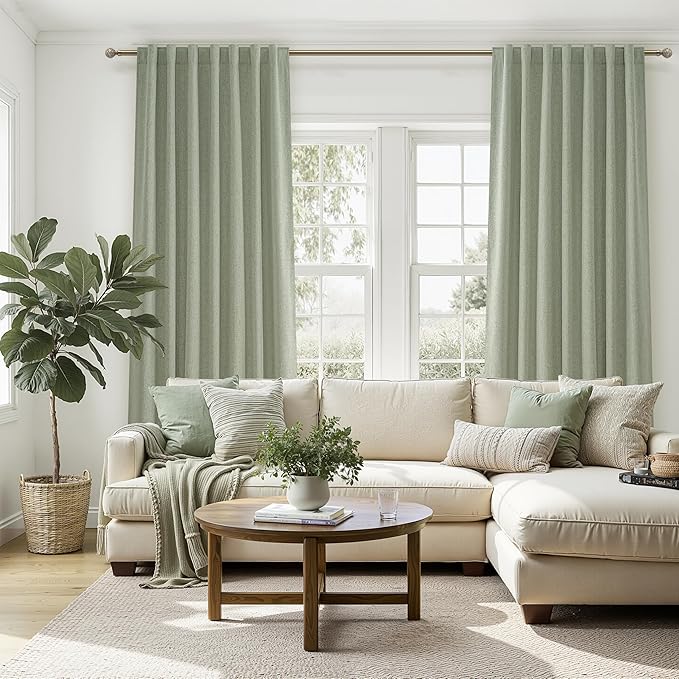 Sage Green Blackout Linen Curtains 96 Inches Long for Living Room Bedroom, Pleated Window Track Curtain with Pin Hooks Belt Boho Light Green Drapes Thermal Insulated (50"Wx96"Lx2Panels) Back Tab