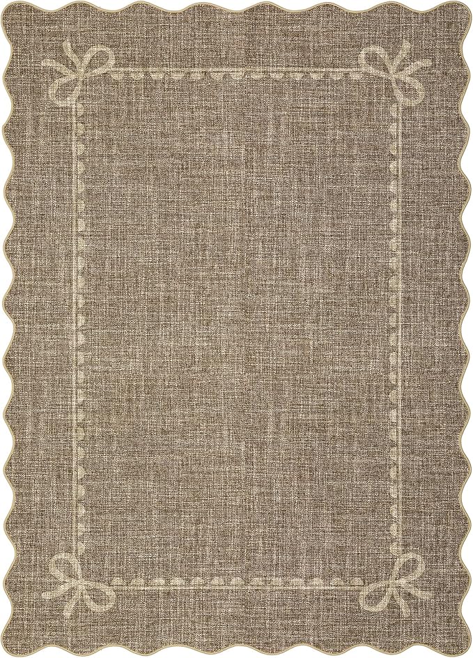 GarveeHome Scalloped Bow Rug for Living Room, Solid Brown Rug for Dorm, Washable Rugs 5x7 Soft Low Pile Non Slip Scalloped Rugs for Nursery College Bedroom Decor Kids Room Playroom