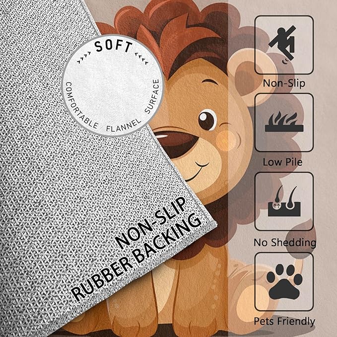 Lion Rug for Nursery - 4x5 Rug - Lion Rug - Cute Cartoon Safari Area Rug - Kids Baby Nursery Playroom Rugs - Kawaii Zoo Animal Carpet - Home Decor