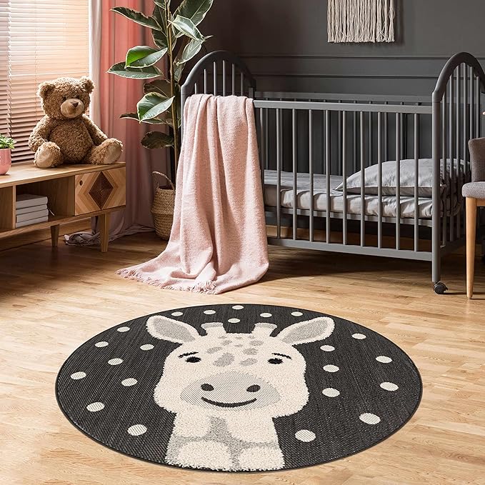 Hauteloom Kids Room, Nursery Round Area Rug - Outdoor Patio Safe - Animal Baby Giraffe Playroom Carpet - Beige, Gray, Black, Cream - 7'10"