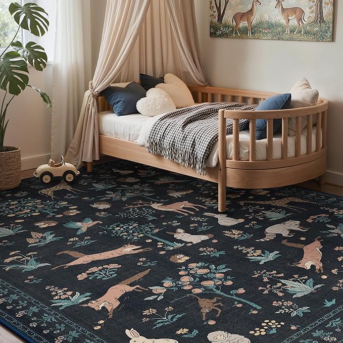 Washable Rugs 8x10 Rug for Living Room,Floral Animal Print Area Rug, Non Slip Low Pile Carpet for Bedroom, Dining Room, Nursery,Playroom, Black