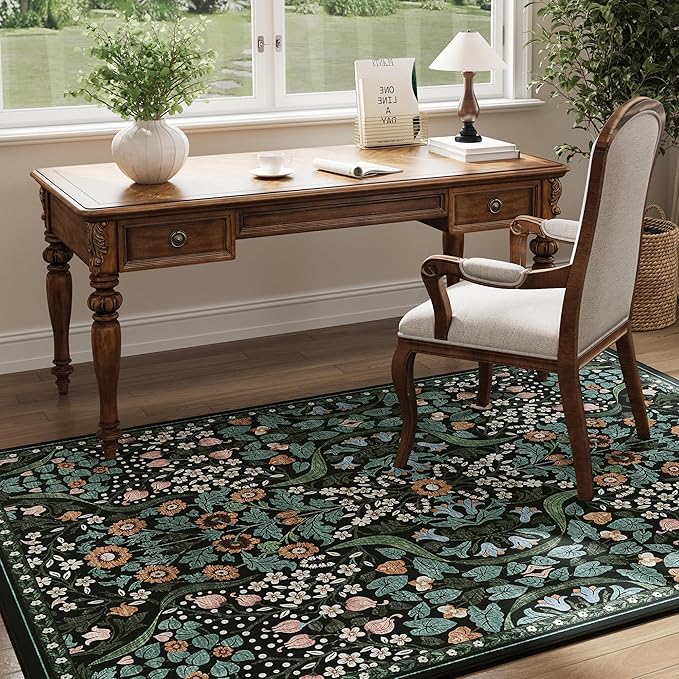 5x7 Green Floral Washable Area Rug for Living Room, Non-Slip Soft Vintage Boho Carpet, Botanical Forest Green Low Pile Rugs for Bedroom, Dinning Room, Dorm, Nursery, Black and Green