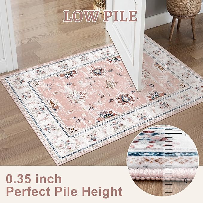 Tangsoo Floral 8x10 Washable Rug Pink Area Rugs for Living Room Large Bedroom Rug Non Slip Soft Indoor Floor Carpet for Girls Room Nursery Playroom