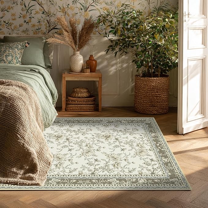 Floral Boho Rug 4x6 Washable Non Slip Area Rug Bohemian Carpet Door Mat Taupe Beige Tan Floral Distressed Modern Farmhouse Sketch Style Flower for Bedroom Foldable 4x6 for Entryway Living Room