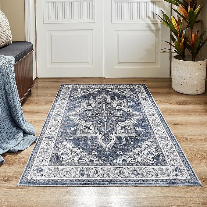 WITSHOCK Living Room Area Rugs 3x5: Washable Rug Boho Soft Non-Slip Low Pile Stain Resistant Foldable Carpet for Bedroom Playroom Dining Room Office Kitchen Farmhouse Home Decor Rug-Blue