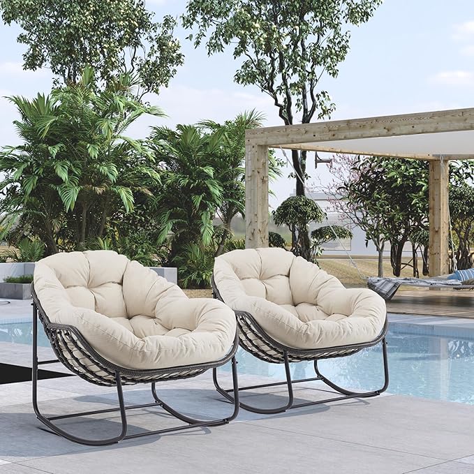 Oversized Outdoor Papasan Rocking Chair with Soft Cushion, Comfy Patio Egg Chair, Wicker Lounge Rocker for Balcony/Porch/Garden, Reinforced All Weather Rattan Frame, 330 lbs Support, Beige