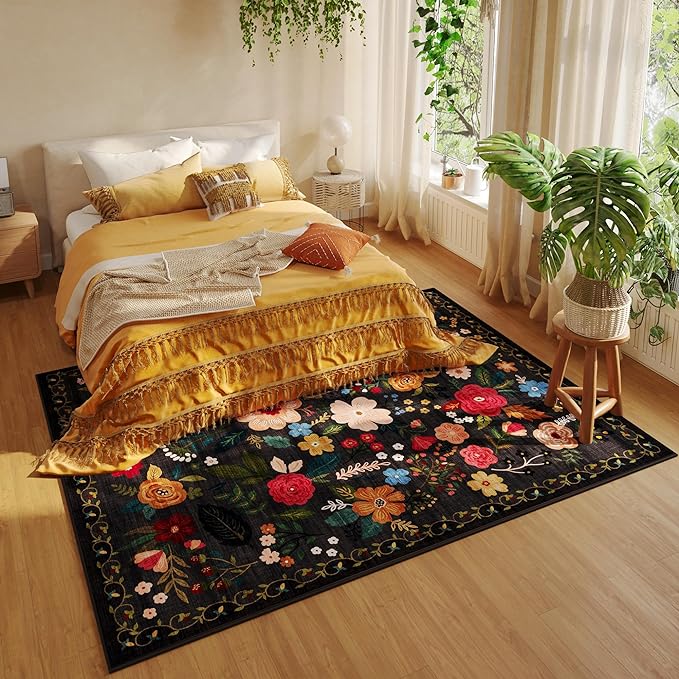 Rugcomf Area Rugs 9x12 Living Room Clearance Washable Boho Rug Non Slip Floral Vintage Low Pile Large Rug for Living Room, Bedroom, Farmhouse, Dining Room, Kids Playroom(Black)