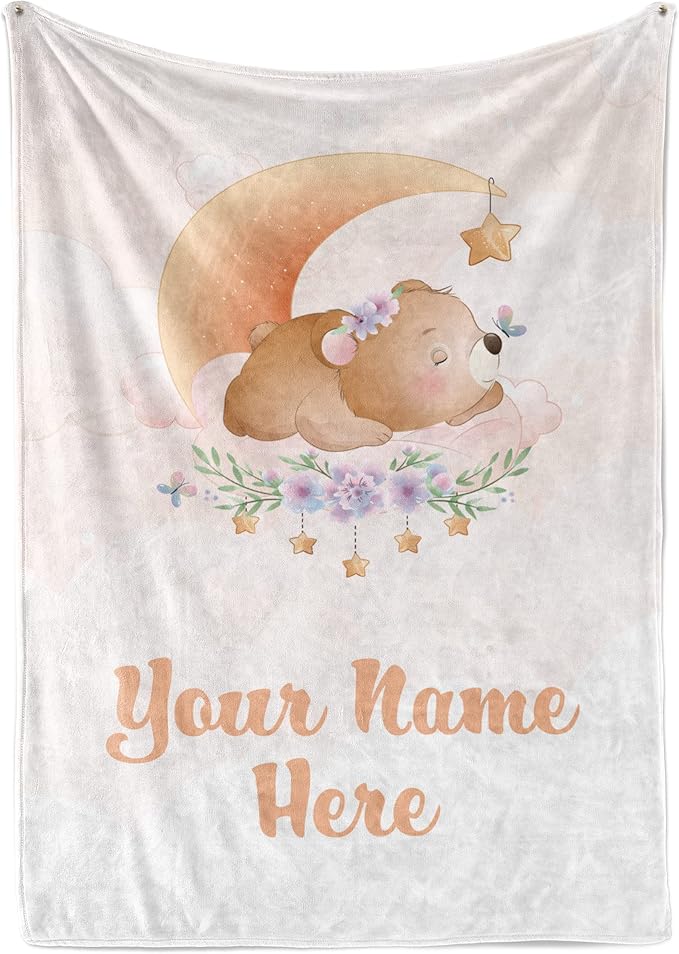 Custom Baby Blankets with Name | Personalized Bear Newborn Blanket for Baby Girl and Baby Boy | Unisex Warm Soft Sherpa Swaddle Blanket Minky | (Bear, Sherpa 50"x60")