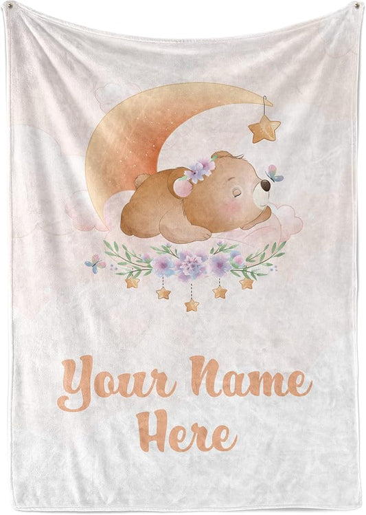 Custom Baby Blankets with Name | Personalized Bear Newborn Blanket for Baby Girl and Baby Boy | Unisex Warm Soft Sherpa Swaddle Blanket Minky | (Bear, Sherpa 50"x60")