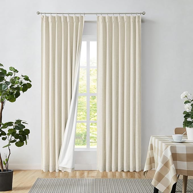 Central Park Pinch Pleat Full Blackout Curtain Panel Thermal Insulated Drapery with Blackout Liner for Farmhouse Living Room Bedroom Window Treatment Sets with Hooks, Sand/Linen, 40"x120"x2
