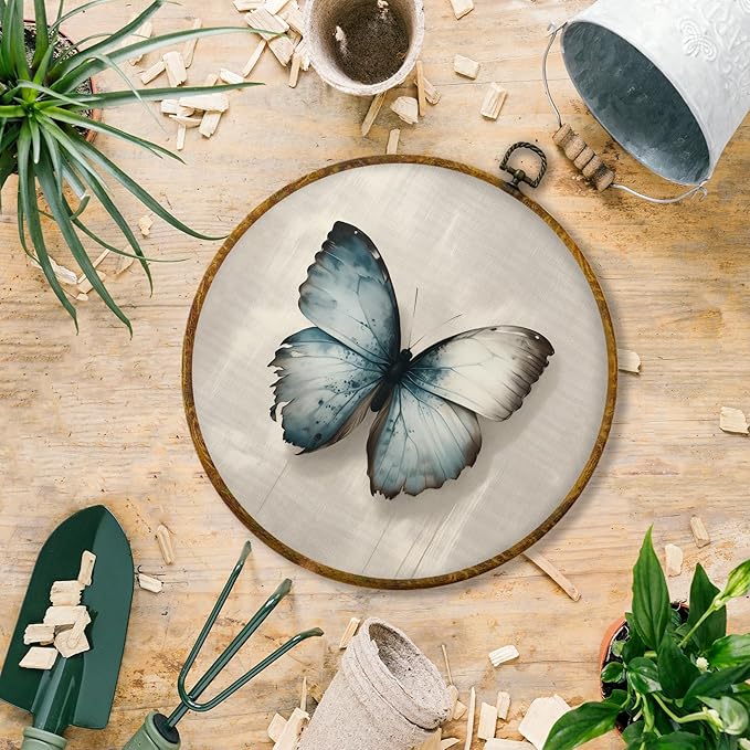 Hiuwevt Vintage Moody Blue Butterfly Round Wall Art Decor, Retro Rustic Butterfly Framed Canvas Prints, Cottagecore Insect Round Wall Hanging Decor for Home Bedroom Decorations, 10x10 Inches