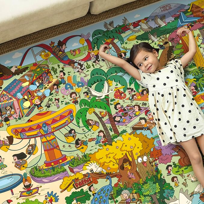 Colorful Jungle Adventure Kids Rug 5x7 – Fun Cartoon Play Mat with Animals, Amusement Park, and Nature Scene – Ideal for Bedrooms, Toddlers, or Small Play Areas