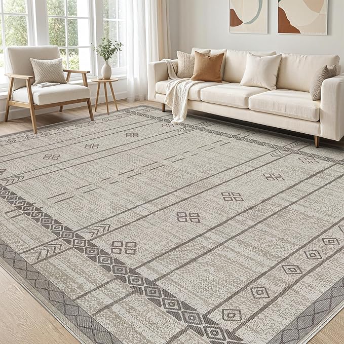 Area Rugs for Living Room Washable Living Room Rug Soft Neutral Indoor Floor Carpet Non-Slip Stain Resistant Modern Boho Rugs for Bedroom Dining Room Kids Room Nursery Office Home Grey Brown