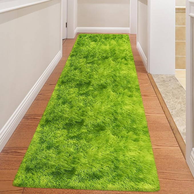 Grass Green Tie-Dyed Rug 3x10 ft Plush High Pile Shag Carpet Fluffy Soft Runner Bedside Rug for Bedroom Living Room Hallway Nursery Kids Home Decor