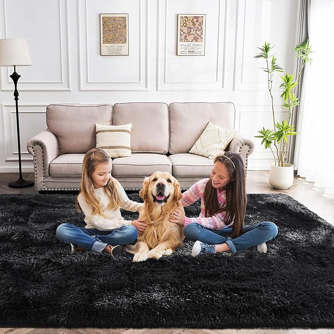 Fluffy Rug Lightweight 6x9 Feet, Black Cool Rugs for Bedroom Non Slip, Soft Fuzzy Aesthetic Rugs for Bedroom Men