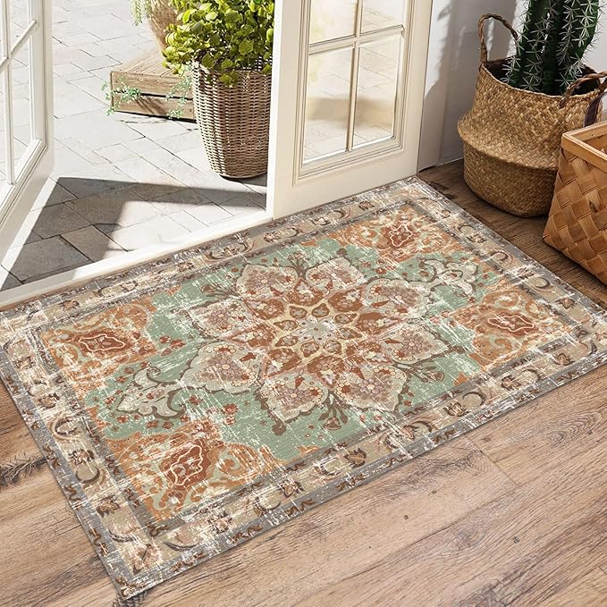 Vhong Boho Washable Area Rugs Vintage Neutral Modern Brick 2x3 Doormat Non Slip Small Carpet for Hallway Bathroom Entryway