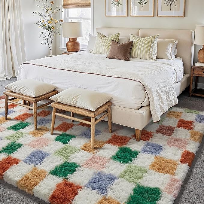 Checkered Rug 8x10 for Living Room, Modern Neutral Shag Rug Washable Non-Slip Large Area Rug Super Soft Indoor Fuzzy Carpet Fluffy Rugs for Bedroom Home Aesthetic Decor