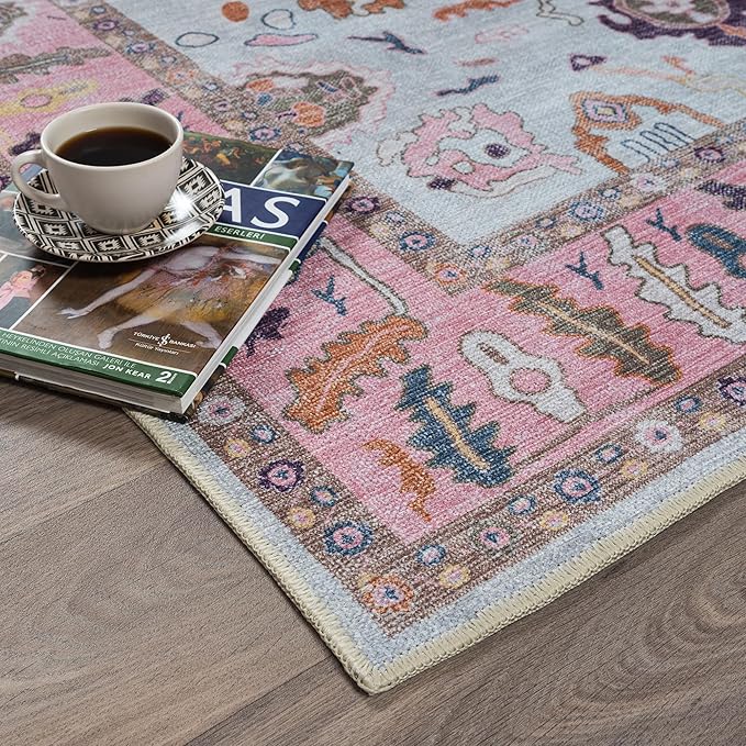 Fame Rugs Pink Beige Modern Oushak Rug 3x5, Washable Vintage Turkish Colorful Oriental Antique Inspired Foldable Small Area Rugs, Luxury Living Room Bedroom (390PP, 2'6" x 5')
