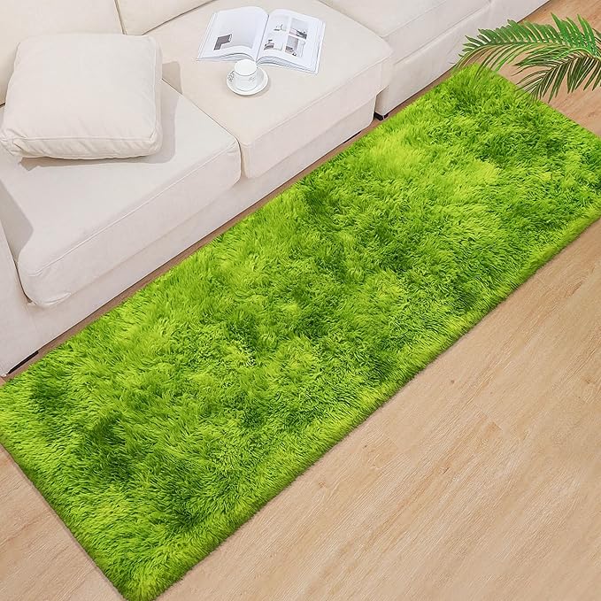Grass Green Tie-Dyed Rug 2x6 ft Plush High Pile Shag Carpet Fluffy Soft Runner Bedside Rug for Bedroom Living Room Hallway Nursery Kids Home Decor