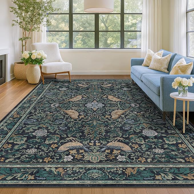 Boho Washable 8x10 Large Rugs for Living Room - Non Slip Dark Blue Botanical Rug for Dining Room Under Table, Low Pile & Soft Rugs for Bedroom Under Bed