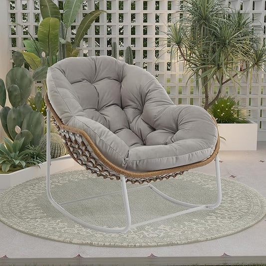 Oversized Outdoor Papasan Rocking Chair with Soft Cushion, Comfy Patio Egg Chair, Wicker Lounge Rocker for Balcony/Porch/Garden, Reinforced All Weather Rattan Frame, 330 lbs Support, Light Grey