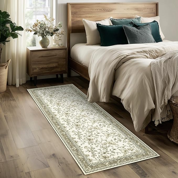 Beige Tan Neutral Boho Washable 3x8 Extra Long Hallway Runner Rug, Extra Large Kitchen Floor Rug Indoor Entryway Non-Slip Low Pile Machine Washable, Farmhouse Light Taupe Pattern Floral Design