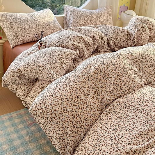 LifeTB Muslin Cotton Duvet Cover Set Twin Size Vintage Floral Duvet Cover Ultra Soft Breathable Comforter Cover Chic Flower Bedding Set Linen Feel Textured Gauze Comforter Cover with Zipper Closure