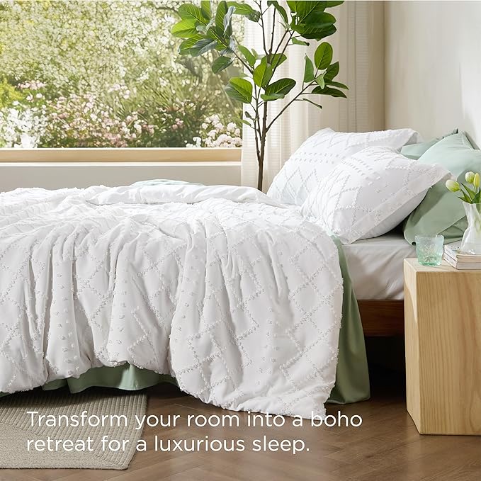 Bedsure Boho Duvet Cover Queen Size - White Breathable & Soft Boho Bedding, Machine Washable Comforter Cover for All Seasons, Includes 1 Duvet Cover 90"x90" with 2 Pillow Shams & Zipper Closure