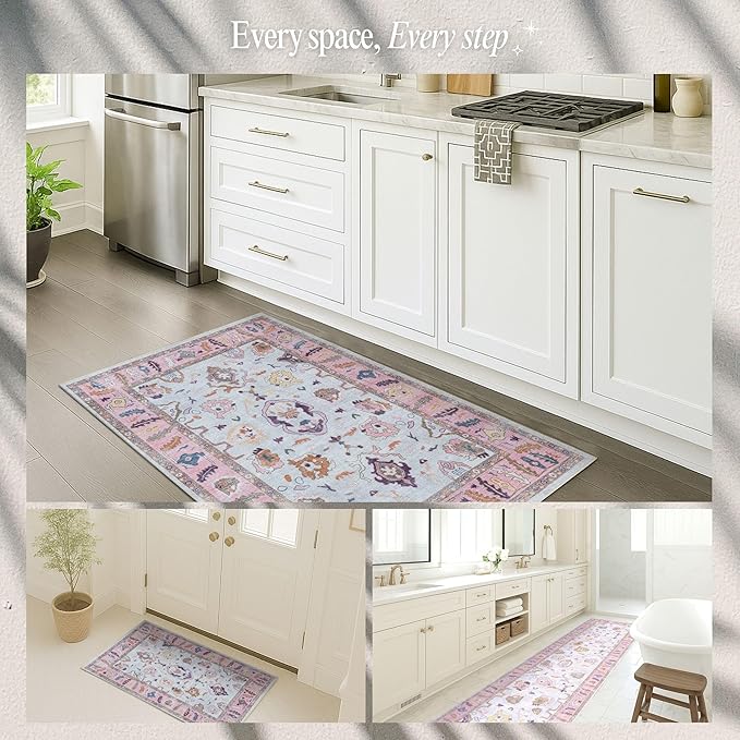 Fame Rugs Pink Beige Modern Oushak Rug 2'6"x10, Vintage Turkish Colorful Oriental Antique Inspired Foldable Long Washable Runner Rugs, Luxury Living Room Bedroom (390PP, 2'6" x 10')