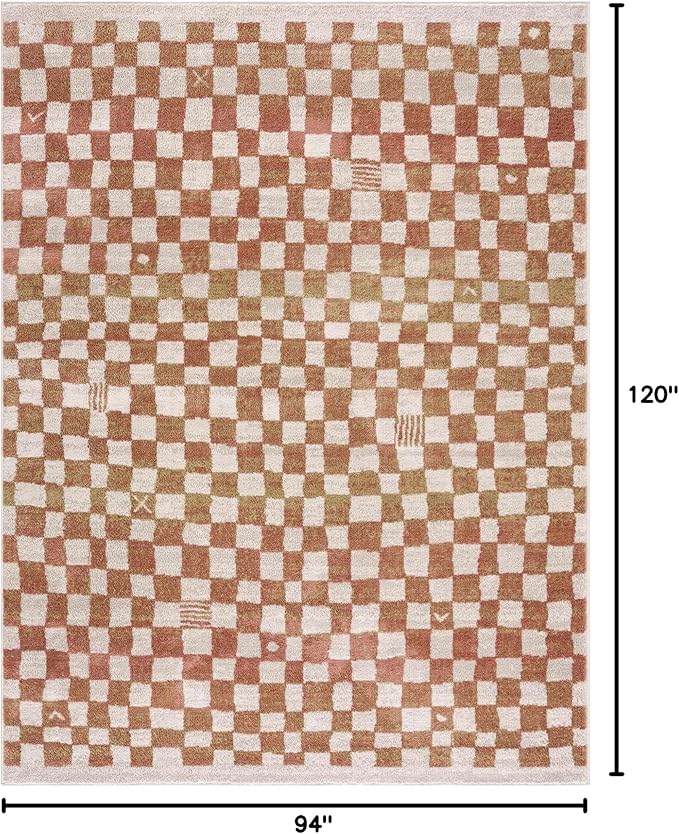 Hauteloom Pertek Modern Checkered Area Rug - Modern Geometric Carpet for Living Room, Kids Room, Nursery - Bohemian Boho Carpet - Cream, Beige, Light Red, Somon - 7'10" x 10'