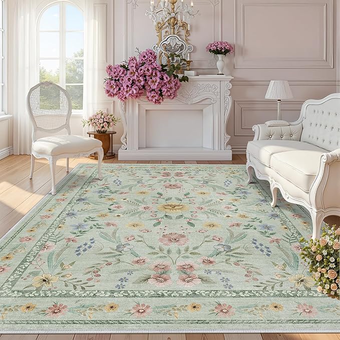 Green Washable Floral Rugs 7x9 Large Vintage Boho Non-Slip Living Room Carpet Soft Low Pile Thin Bedroom Floor Mat Indoor Home Decor for Dining Room Playroom Nursery Farmh