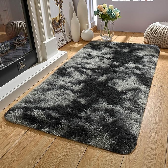 Merelax Soft Area Rugs for Livingroom Bedroom, Shaggy Plush Fuzzy Fluffy Carpet Furry Fur Rug, Modern Indoor Comfy Nursery Kids Dorm Home Decor Floor Mat, 2 x 4 ft, Tie-Dyed Black & Grey