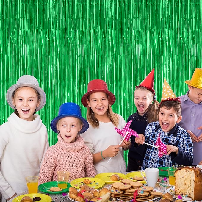 4 Pack Green Streamers, 3.28 FT x 7.05 FT Birthday Tinsel Backdrop, Metallic Foil Fringe Curtains Photo Booth Backdrop, Green Jungle Theme Decorations Birthday Decor