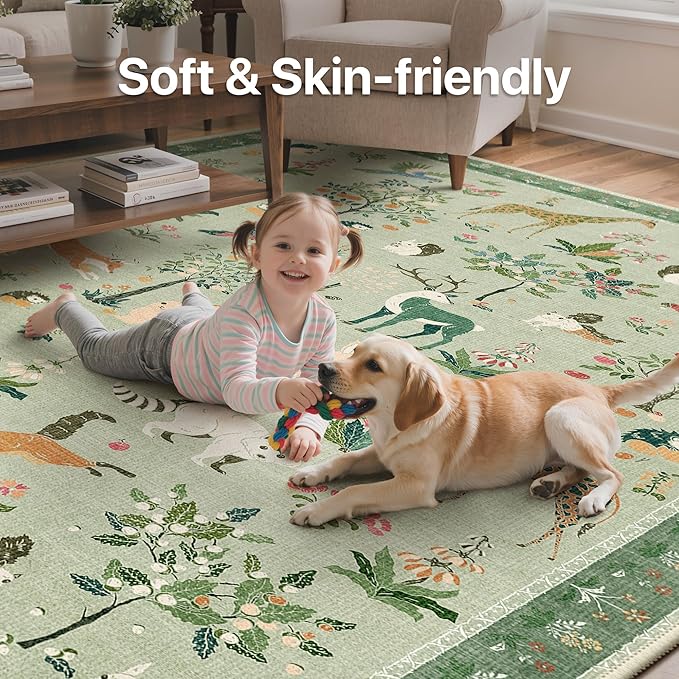 Runner Rug Non Slip 2'6''x 6', Floral Animal Print Rug Machine Washable Rug, Non Slip Low Pile Hallway Runner Carpet for Kitchen, Laundry, Bedroom, Bathroom, Light Green