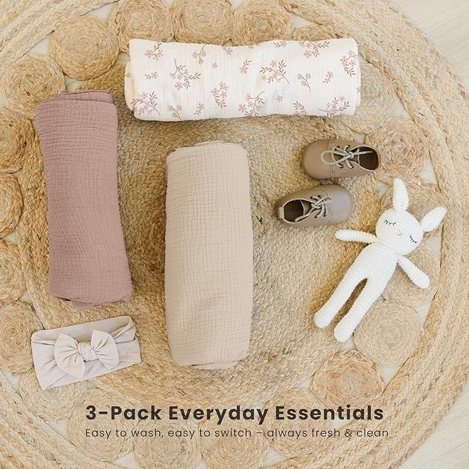Konssy 3 Pack Muslin Swaddle Blankets for Unisex, Newborn Receiving Blanket, Large 47 x 47 inches, Soft Breathable Muslin Baby Swaddles for Boys & Girls