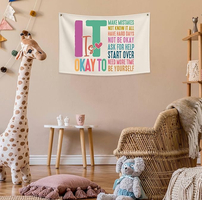Mental Health Educational Growth Mindset-Boho Rectangular Banner Pennant Poster Flags-for Baby Boy Girl Room Home Playroom Classroom-Christmas Gift-It is Okay to Make-28.5x20 Inches