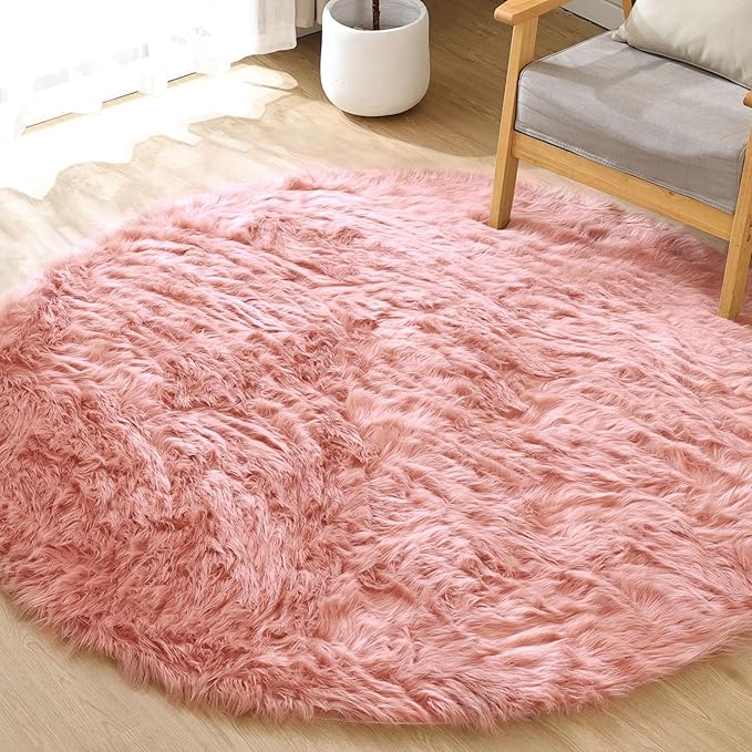 Pink Washable Shag Round Rugs 6.6ft Soft Plush Faux Sheepskin Fuzzy Fur Rugs for Bedroom Large Circle Fluffy Nursery Rug