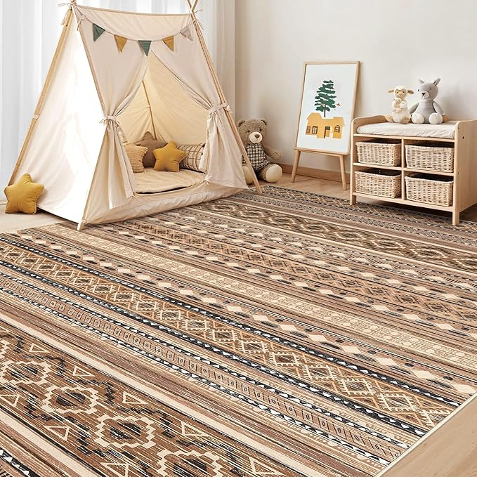 Area Rugs for Living Room Washable Living Room Rug Soft Neutral Indoor Floor Carpet Non-Slip Stain Resistant Modern Boho Rugs for Bedroom Dining Room Kids Room Nursery Office Home Brown/Beige