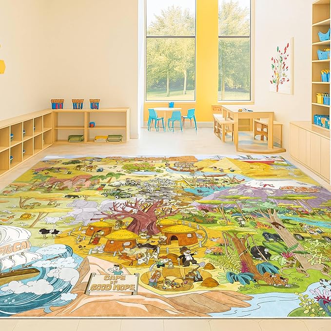 Africa Adventure Kids Bedroom Rug 6x9 – Safari Animal Map Rug with Lions, Elephants, Giraffes & Tribes – Educational Play Mat for Classroom, or Playroom