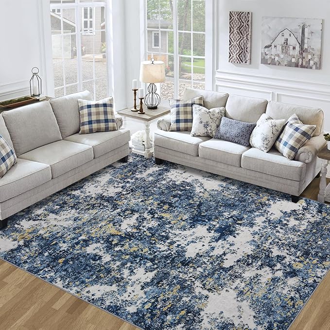 8x10 Area Rug for Living Room Bedroom: Large Washable Rug with Anti-Slip Backing Non-Shedding Stain-Resistant Soft Abstract Carpet for Dining Room Nursery Home Office (Blue/Multi)