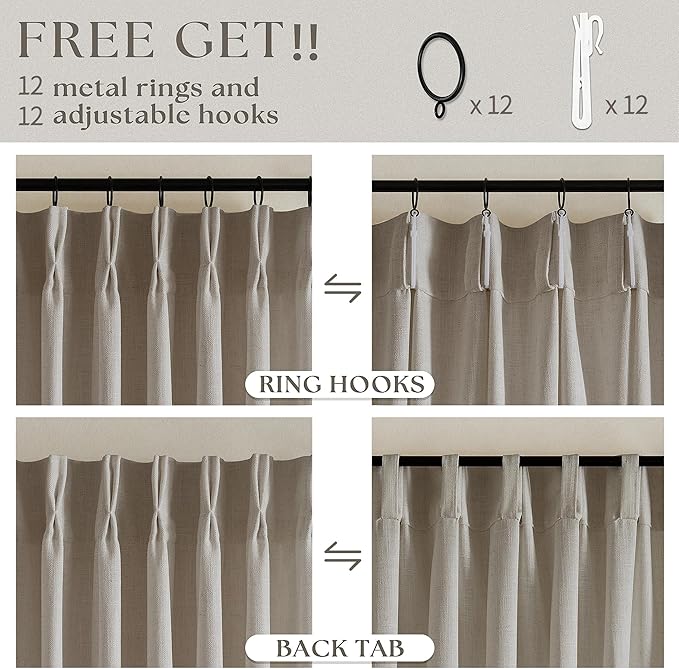 Extra Wide Curtains 90 Inches Long 60 Inch Width for Living Room Bedroom Light Filtering Semi Sheer Farmhouse Pleated Curtain Hooks Rings for Patio Sliding Door Large Window Burlywood Taupe 1 Panel