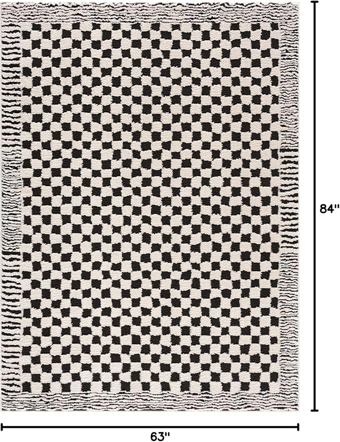 Hauteloom Leryn Contemporary Checkered Area Rug - Modern Geometric Bordered Carpet for Living Room, Bedroom - Checkboard Design - Square Tiles - High Pile - Black and White - 5'3" x 7' (5x7)