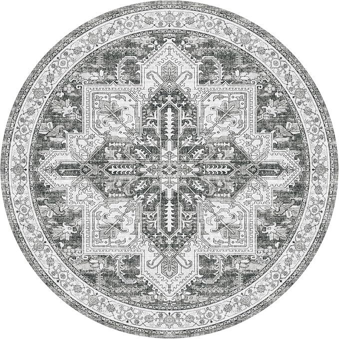 WITSHOCK Area Rug Round Rugs, 4Ft Oriental Circle Area Rugs for Living Room Machine Washable Non Slip Stain Backing Rug Soft Foldable, Vintage Rugs Home Office Kitchen Hallway Bedroom, Gray
