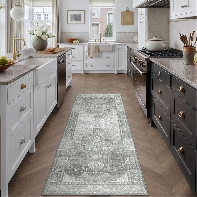 2x6 Grey Washable Vintage Runner Rug for Living Room Bedroom Non Slip Distressed Traditional Soft Runner Rug Low Pile Lightweight Floral Runner Kitchen Hallway Entrance