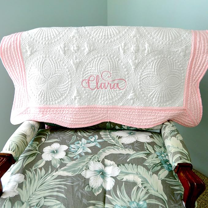 Personalized Baby Bed Blanket Quilt with Name Date Newborn Gift Girl Boy Crib Size White Custom Pink Blue White Embroidered Nursery